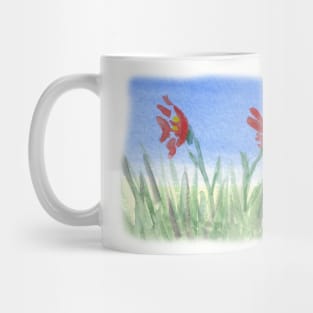 Three Red Flowers in Grass Mug